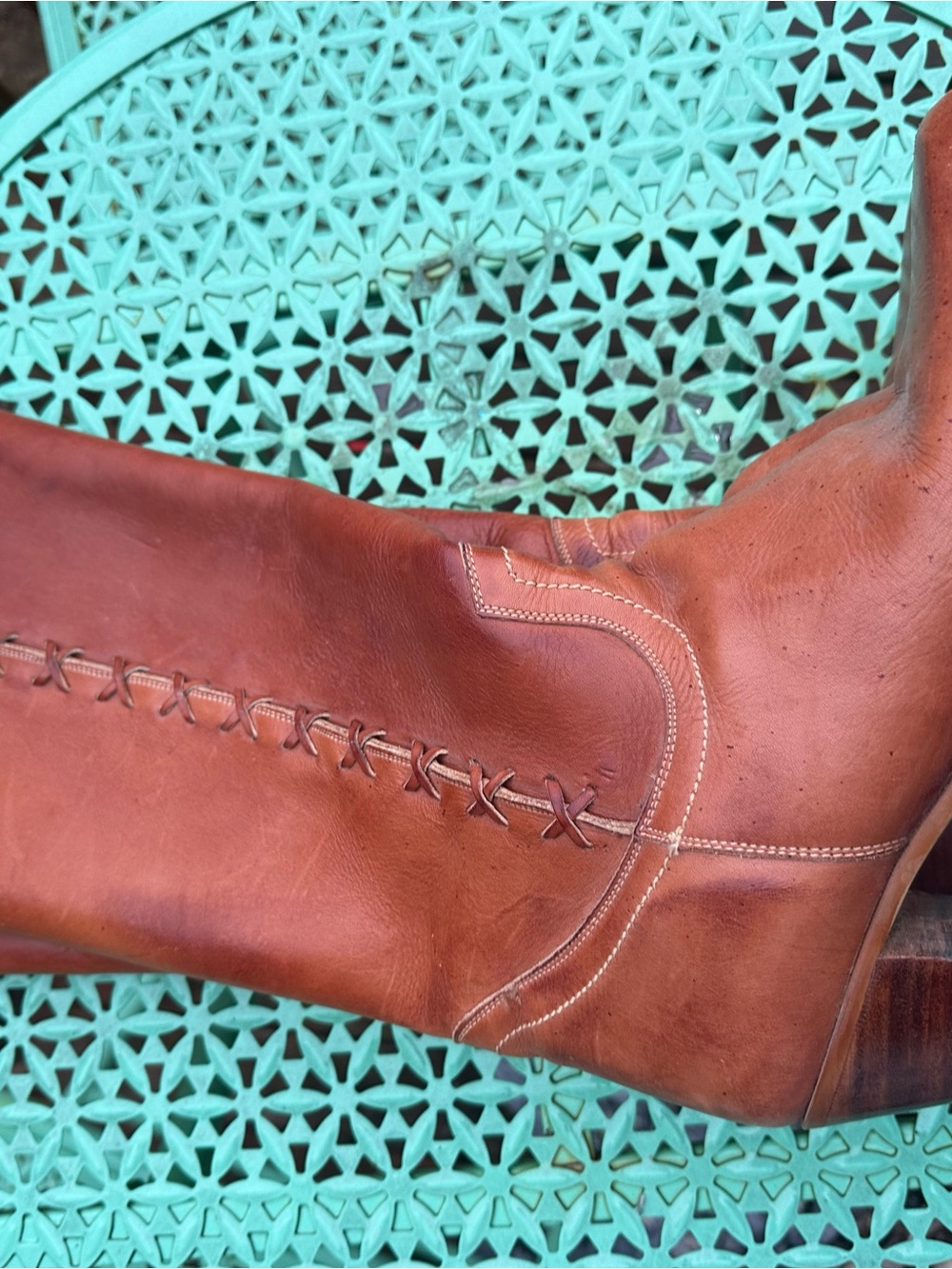 Women's Tan Leather Heeled Riding Boots with Lace-Detail vintage